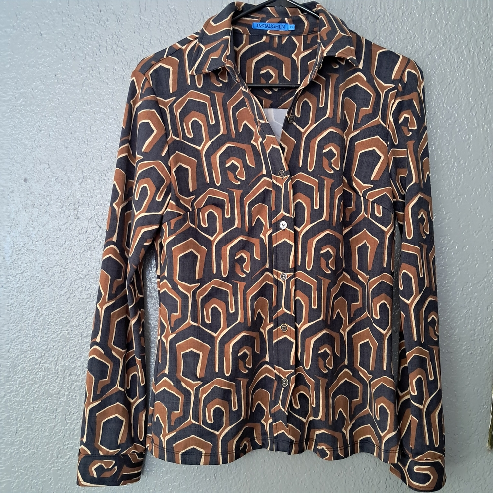 Jmclaughlin Brown Geometric Button-Up Blouse.